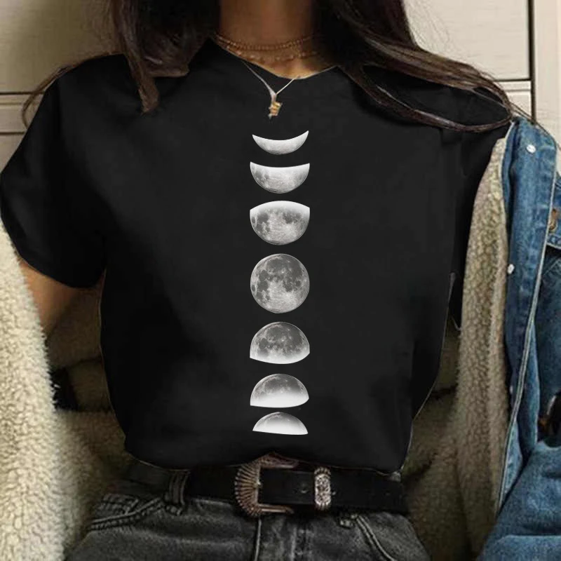 

Женские топы в стиле Харадзюку 90-х с принтом полумесяца, женская летняя футболка, женская модная повседневная футболка с круглым вырезом и коротким рукавом, черная футболка