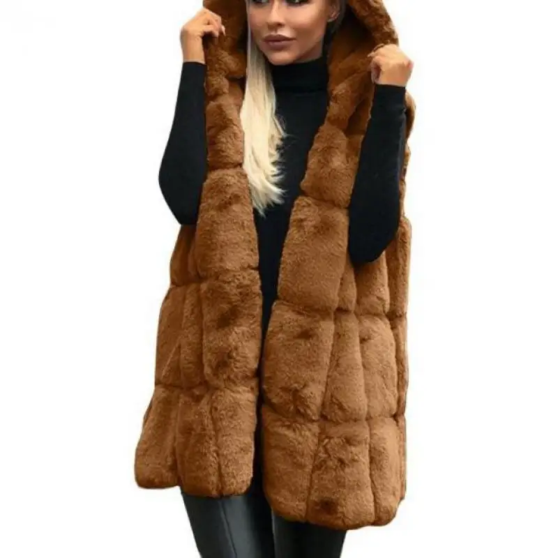 

Zuolunouba 2020 Models Autumn And Winter Women Hooded Fur Vest Solid Color Mid-length Loose Urban Casual Keep Warm Ladies Vest