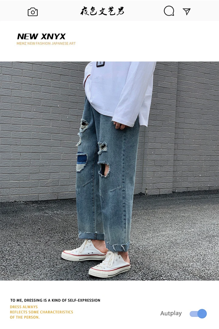 

Summer Ins Fashion Brand Ripped Cropped Jeans Men's Korean-Style Loose All-Match Straight Casual Wide Leg Daddy Pants for