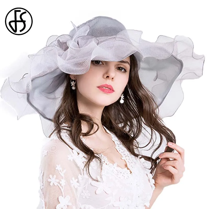 

FS Vintage Pink Organza Kentucky Derby Hats For Women Big Beach Hats Flower Sun Hat Wide Brim Fedora Foldable