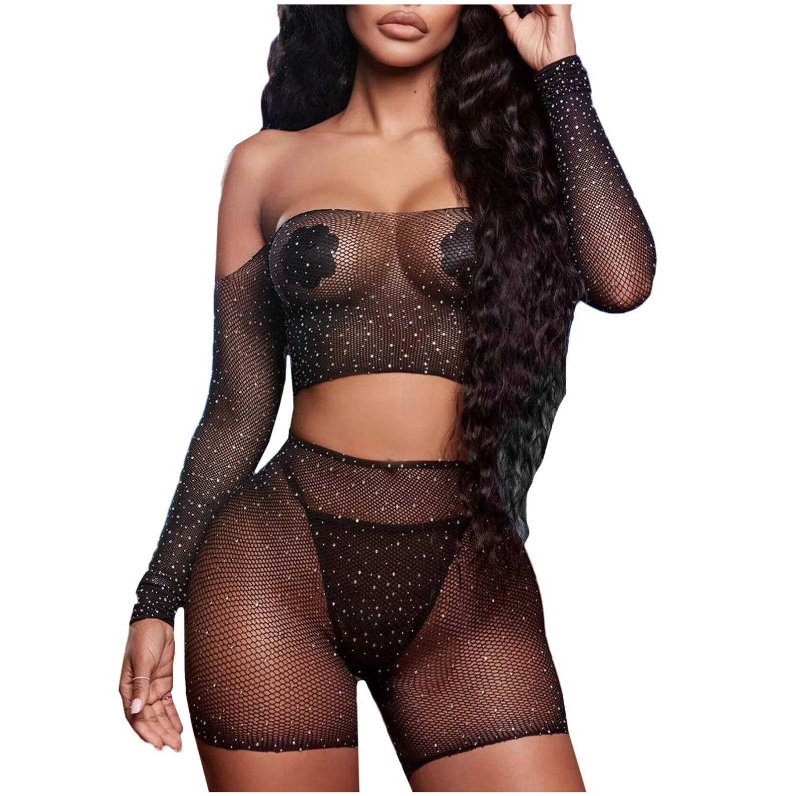 

New Sexy Mesh Lace Women Sheer Rhinestone Top shorts Fishnet Lingerie Set Christmas нижнее белье женское Fashion Temptation