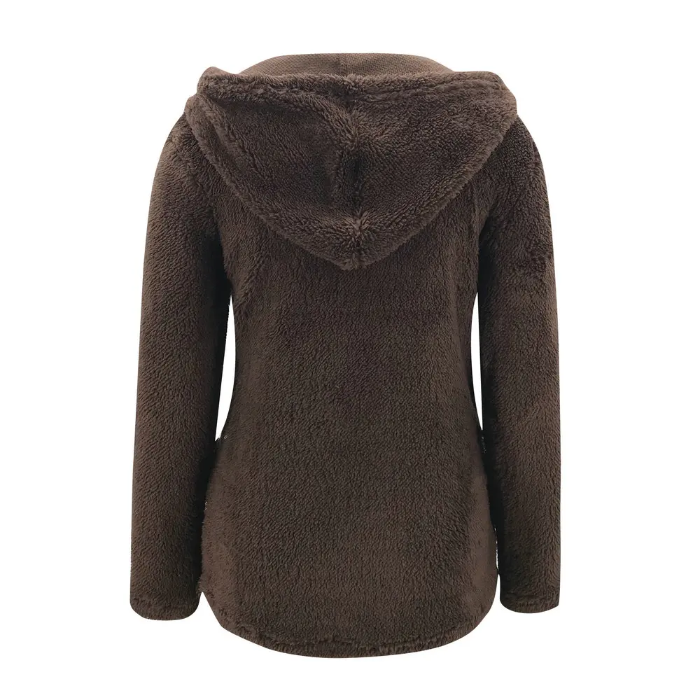 

Casual Women Coral Fleece Hooded Coats Solid Color Long Sleeve Zippers Jackets Autumn Winter Warm Outerwear Homewear Female