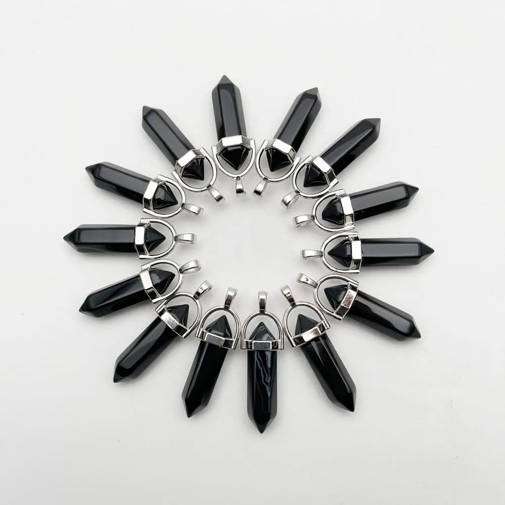 

fashion black agates natural stone crystal pillar Pendants & necklaces for making Jewelry charm Point trendy 24pc Free shipping