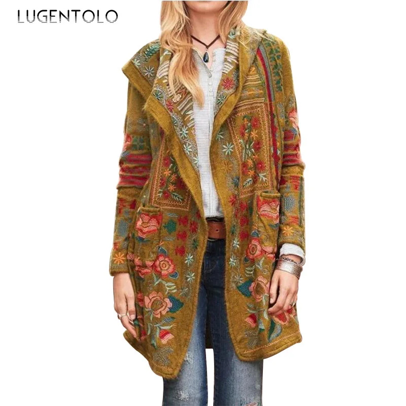 

Lugentolo Vintage Jackets Women Slim-Fit Trench New Floral Printed Casual Long-Sleeved Coat Lapel Female Long Jacket Large Size