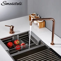Smesiteli 360 Degree Swivle Kitchen Faucet Solid Brass Double Hole Single Handle Rose Gold L-Shaped Kitchen Wash Basin Faucet