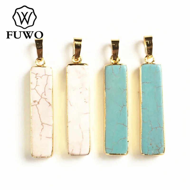 

FUWO Wholesale White/Blue Howlite Rectangle Pendant With Gold Trimmed Simple Design Bar Shape Pendant For Necklace Making PD264