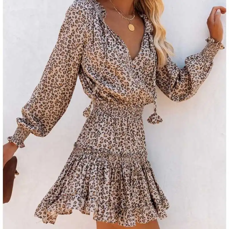 

2020 print leopard Ruffle Dress waist dress long sleeve dress