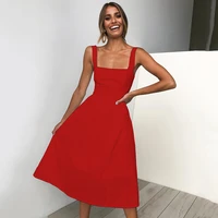 cottagecore red dress women casual solid midi long summer sexy backless slip dresses ruched fashion elegant party vestidos 2021