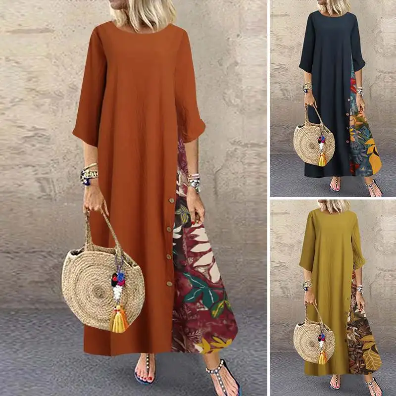 

Женское осеннее платье с круглым вырезом, рукавами 3/4, с цветочным принтом