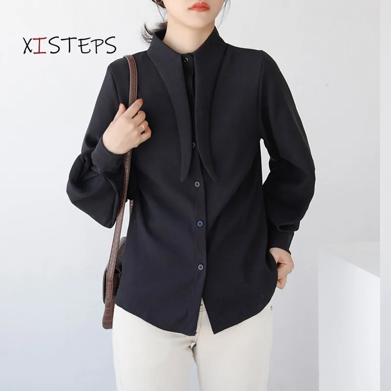 Lantern Sleeve Blouses For Women Blue White Black Shirts 2021 Spring Autumn Bow Tie Office Lady Tops Elegant Woman's Clothings