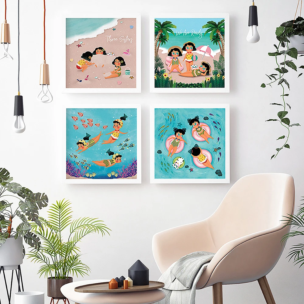 

Summer Swimming Party Wall Art Prints Nordic Poster Swimming Pool Cartoon Nursery Canvas Painting Picture Living Room Home Decor