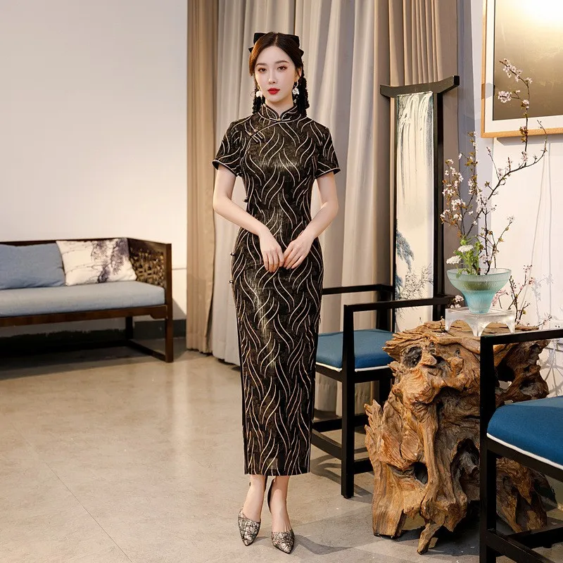 

Женское атласное платье-Ципао, длинное пикантное платье в полоску в китайском стиле, с разрезом сбоку, кружевное платье большого размера 3XL, ...