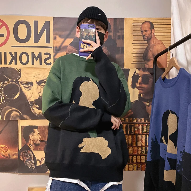 

Свитер мужской с круглым вырезом, уличный пуловер, модная одежда, свободные свитеры, пуловер в стиле хип-хоп, повседневный Топ, Осень-зима