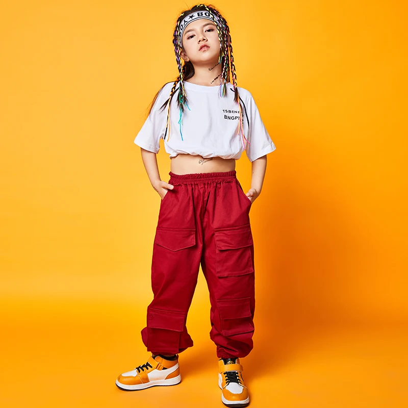 

Женская одежда в стиле хип-хоп, свободные кроп-топы, красные брюки-карго, одежда с коротким рукавом в стиле хип-хоп, одежда для джазовых танце...