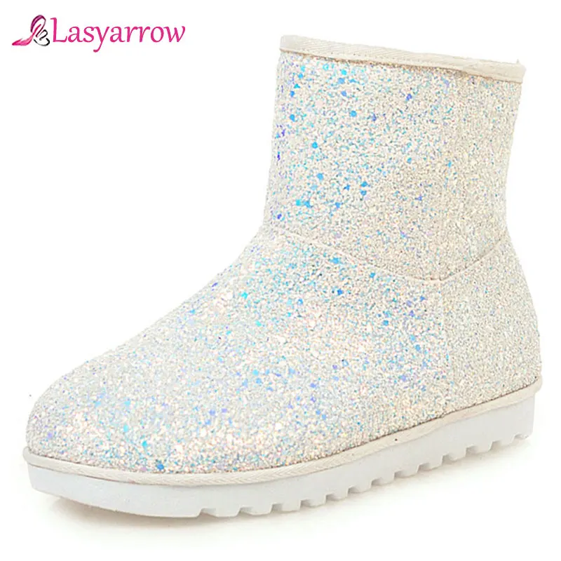 Lasyarrow/зимние сапоги женские ботинки теплые плюшевые Блестящие ботильоны на