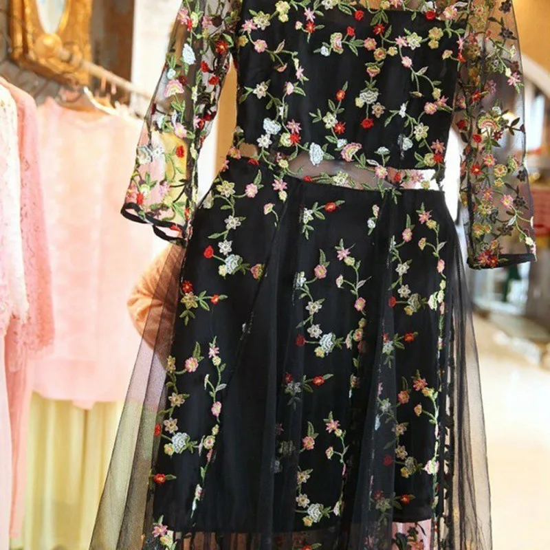 MoYan вышивка кружева сетки платья Boho Винтаж Цветочный Мода Подиум платье повседневное прозрачные платья