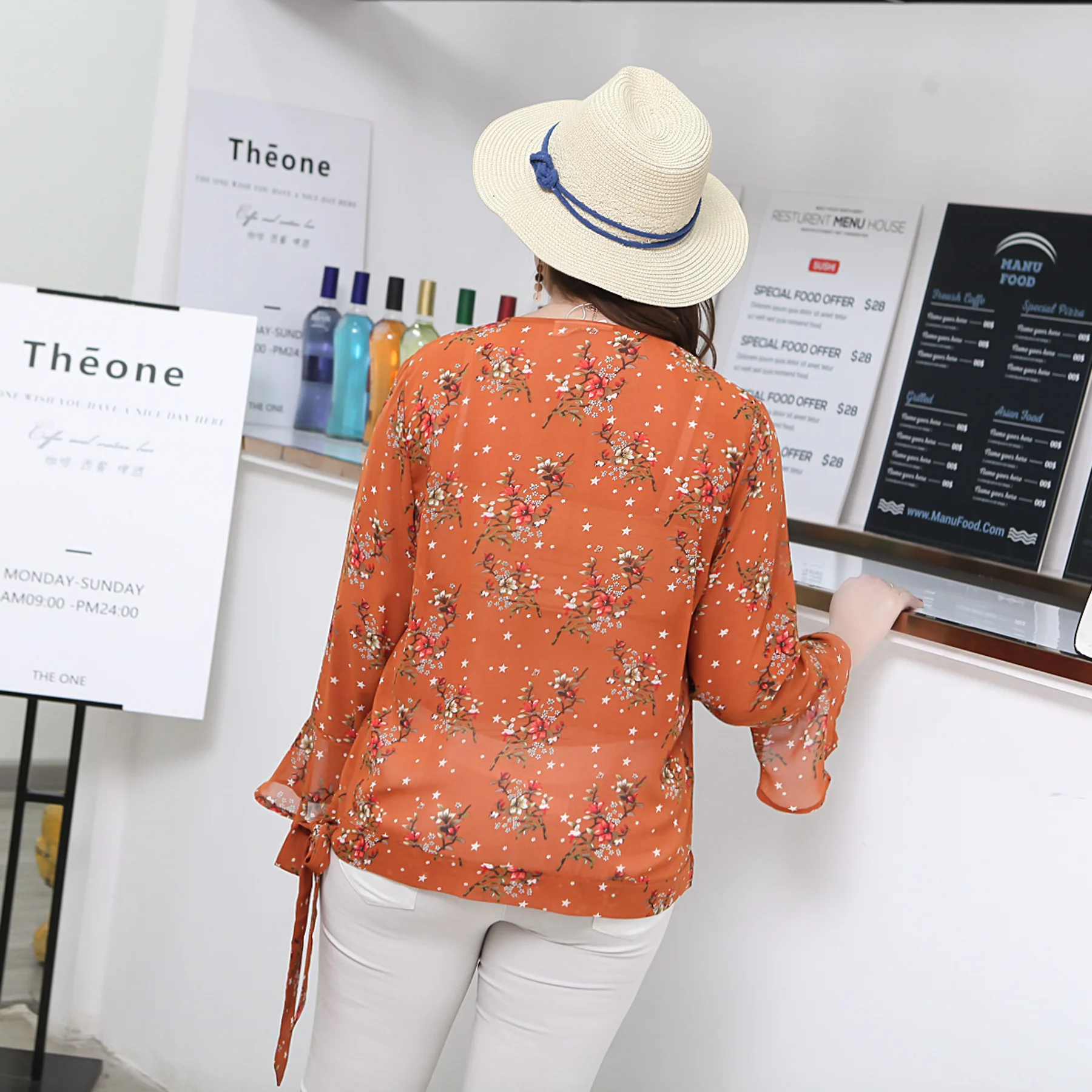 Женская шифоновая блузка с длинным рукавом оранжевая Свободная цветочным