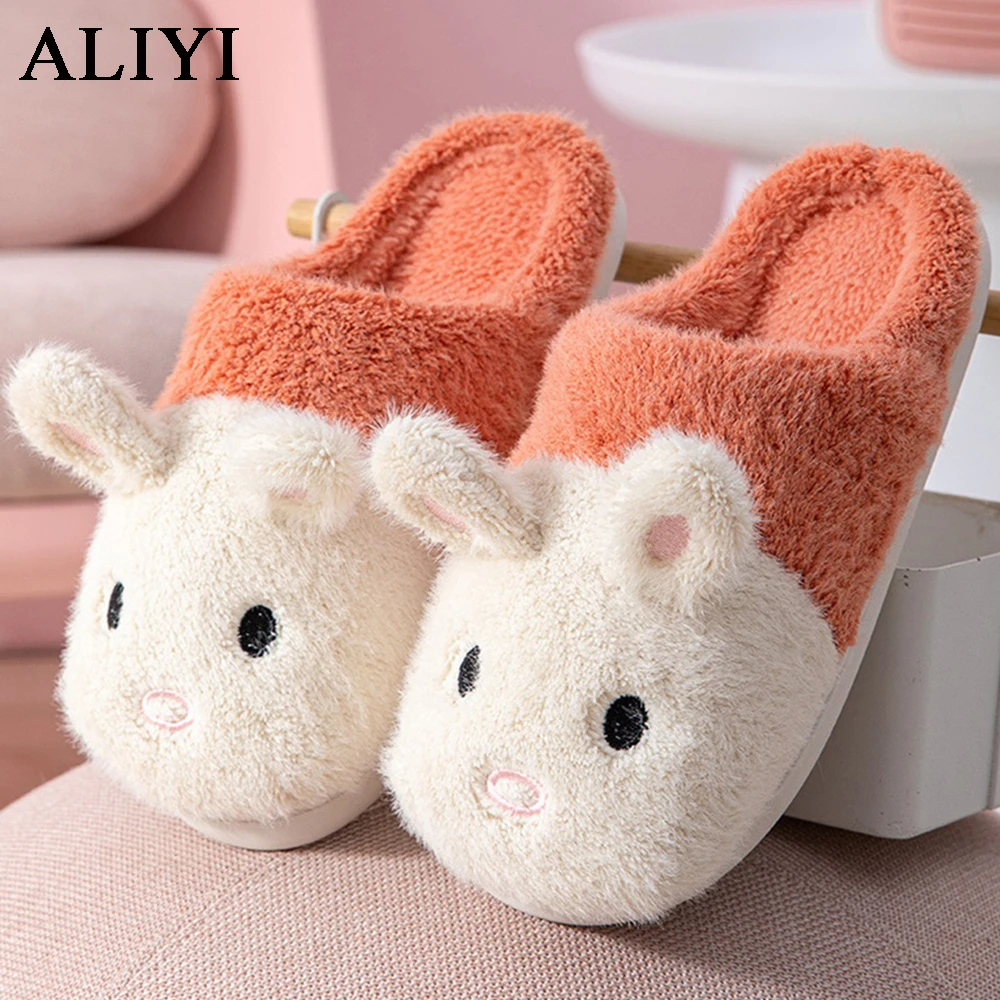 

Home Warm Shoes 2021 Autumn Winter Cute Cartoon Rabbit Pattern Women And Men Comfy Plush Shoes Indoor Bedroom Couple Slippers