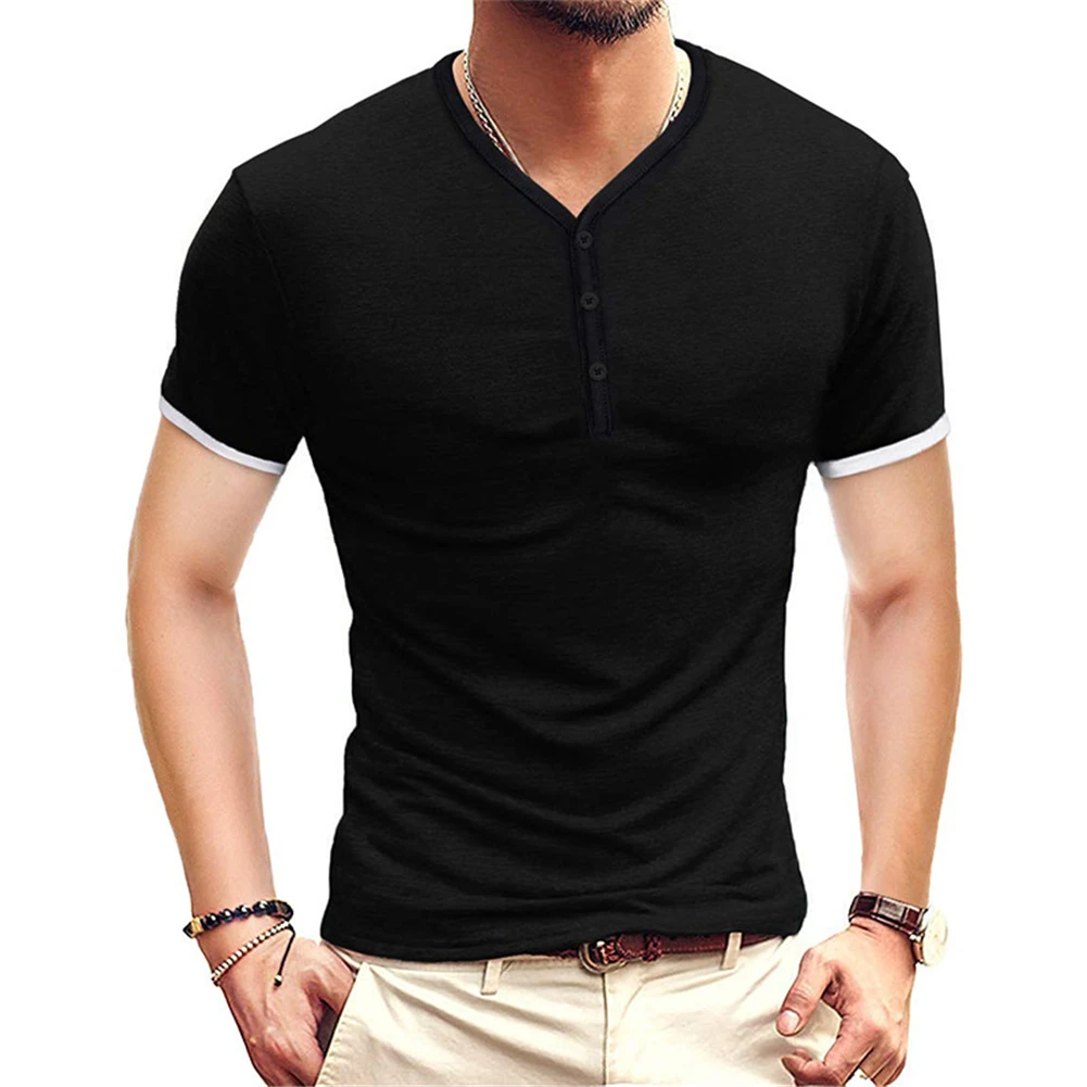

Hot Sale Classical Men T-Shirt Soft V-Neck Button Slim Short Sleeve Casual Summer Tee Stretch Soft T-Shirt Solid color T Shirt