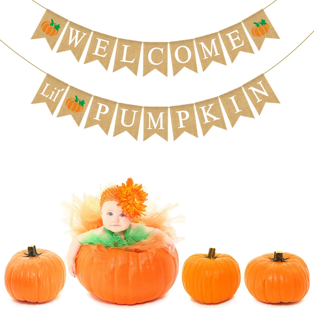 Джутовый мешковины Добро пожаловать маленький баннер с тыквами осень ребенок