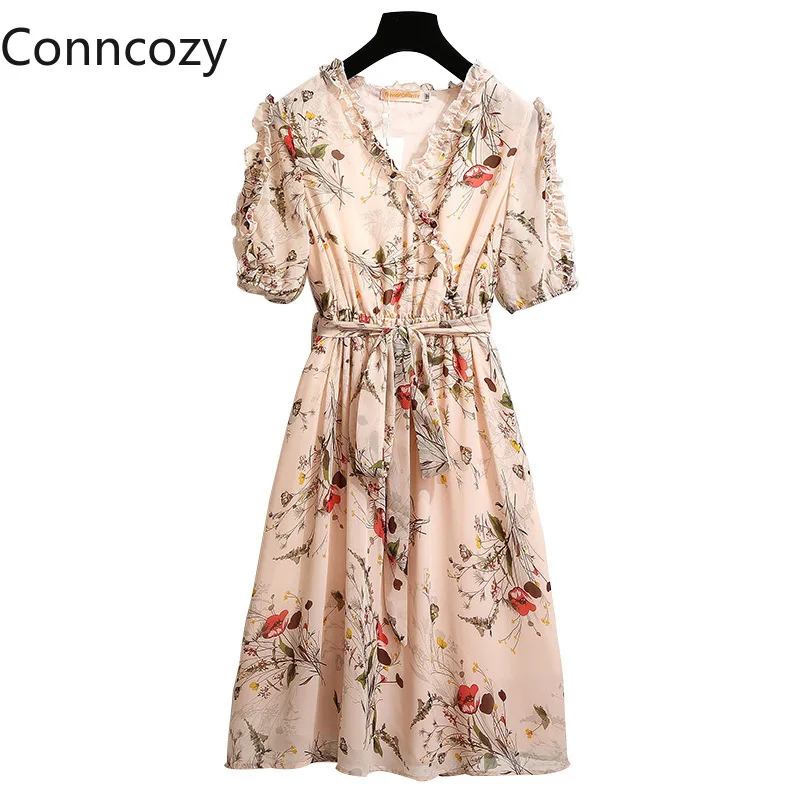 

2XL-6XL Large Size Dress Women Summer Ruffle Vintage Floral Print Dress Oversize Casual V-neck Chiffon Dresses Plus Size Vestido