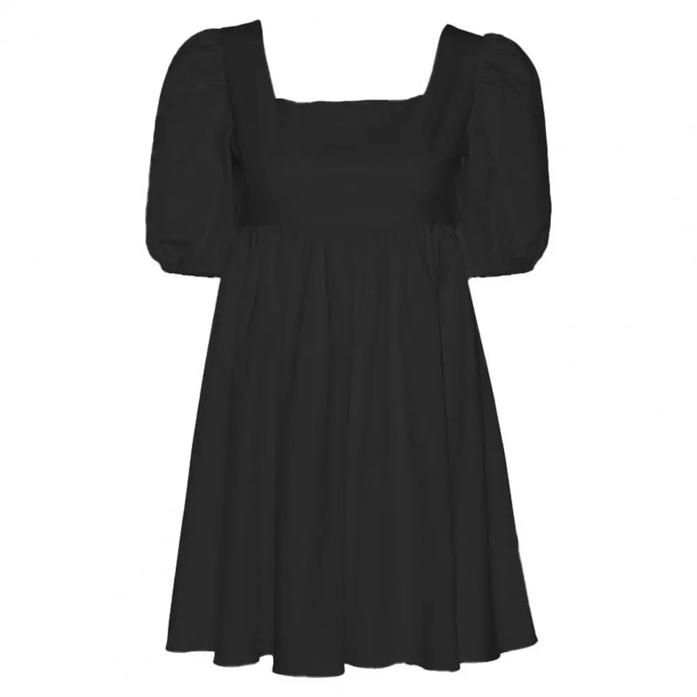 

Stylish A-line Large Hem Dress Comfortable Solid Color Above Knee Square Collar Ties Puff Short Sleeve Mini Dress for Summer