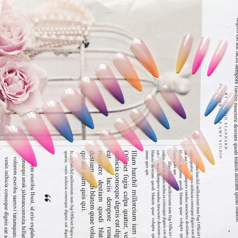 

24pcs Gradients Wear Long Paragraph Fashion Manicure Patch False Nails Save Time Wearable Jelly Nail Patch FRE-Drop