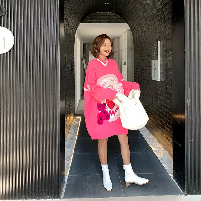 2019 зимние модные длинные вязаные платья с принтом из мультфильма женские