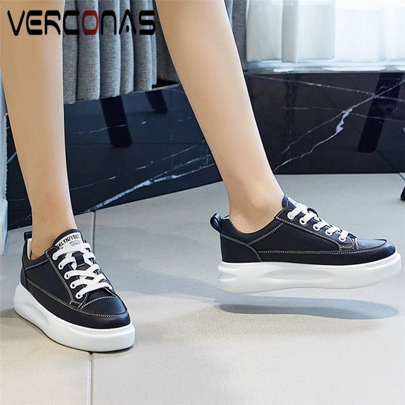 

VERCONAS New Arrival Women Sneakers Platforms Flats Genuine Leather Concise Casual Round Toe Lace-Up Shoes Woman Spring Summer