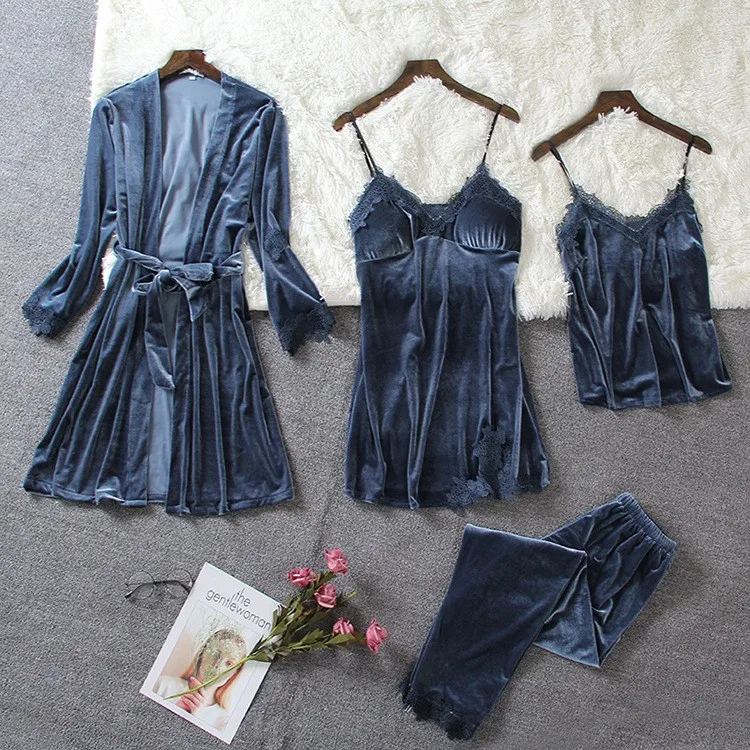 Lace Sexy Homewear Sleep Set Female Velour Long Sleeve Home Clothing Pajamas Suit Nightwear Pijamas Casual Sleepwear | Женская одежда