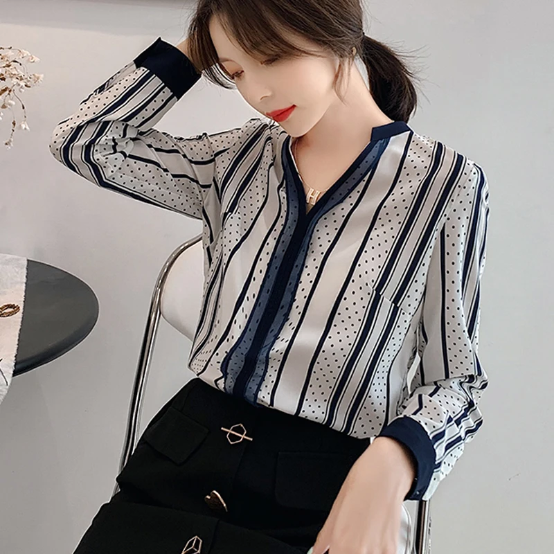2020 шикарные полосатые женские модные Осенние Синие шифоновые офисные Топы с