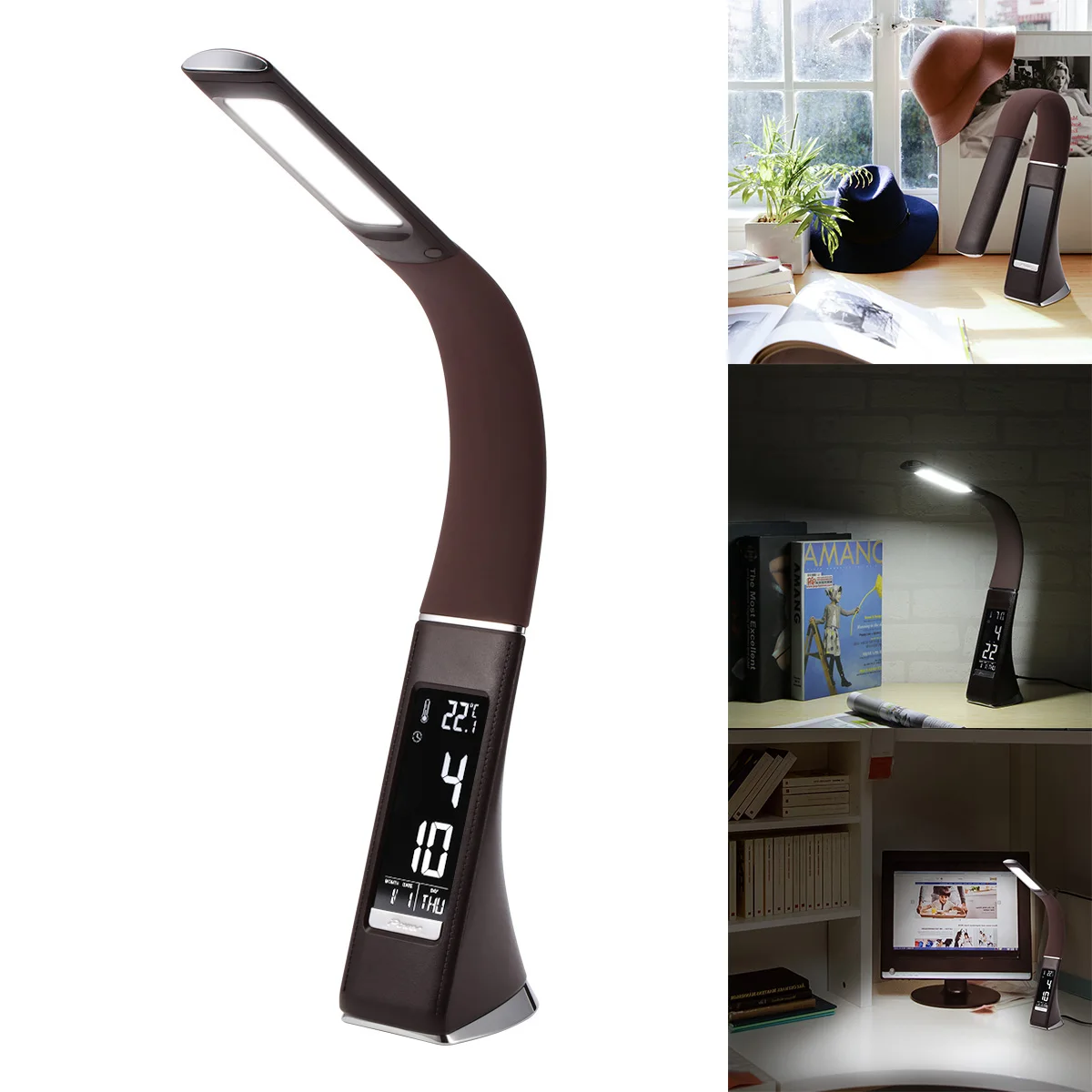 

5W Desk Lamp LED Touch Table Lamp Dimmable Desk Lighting Alarm Clock Calendar Time Temperature Display 3 Levels Brightness Home