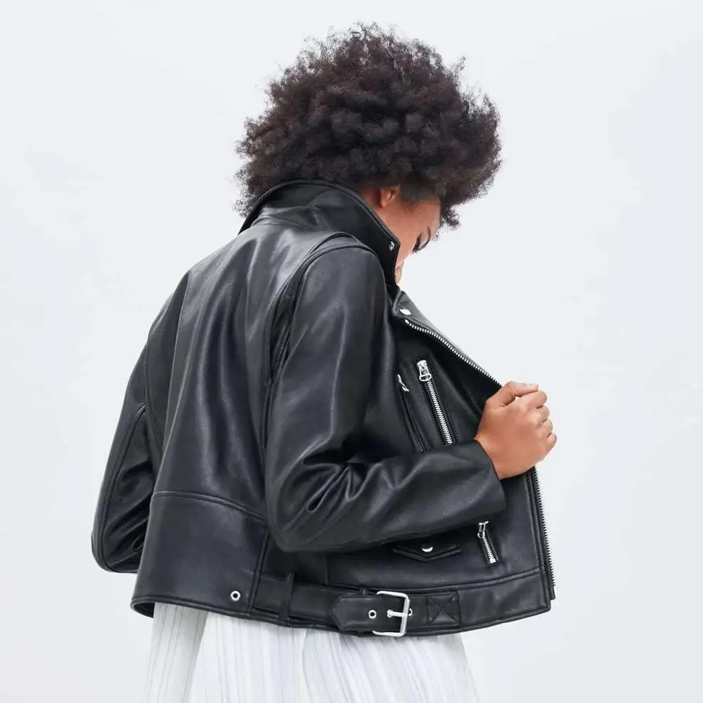 Za 2019 Черная куртка из искусственной кожи Женское пальто на осень и зиму модная