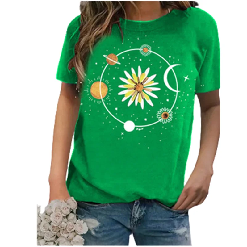 

Sun And Moon Graphic Tee Shirt Women Short Sleeve Print T-Shirt Summer O-neck Casual Loose Pullover Tops Fashion Lady Streetwear
