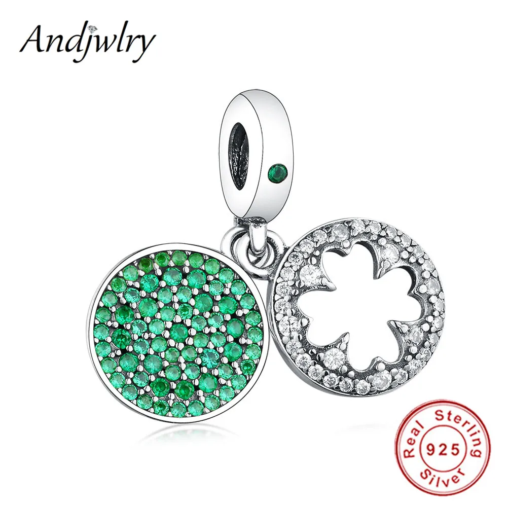 

New 925 Sterling Silver Fit Original Pandora Charms Bracelet Pendant Dazzling Green CZ Clover Dangle DIY Jewelry Berloque