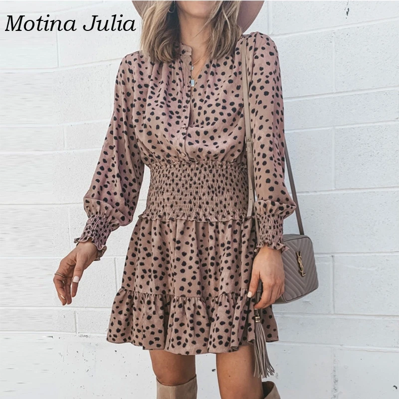 Motina Julia 2019 платье с длинным рукавом и принтом женское мини v образным вырезом для