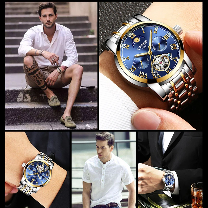 

KINYUED Moon Phase Calendar Automatic Watch Men Skeleton Mechanical Watches Mens Steel Waterproof Business Relogio Masculino