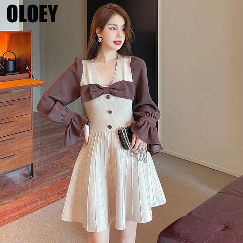 

Женское трикотажное платье с бантом, элегантное облегающее платье контрастных цветов с длинным рукавом и V-образным вырезом, во французском...