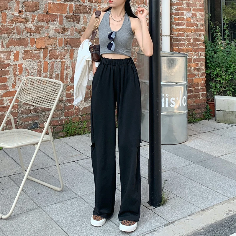 

Women Casual Wide Leg Drape Mopping Pants Fashion Harajuku High Waist Loose Side Left Hole Trousers Streetwear Sweatpants