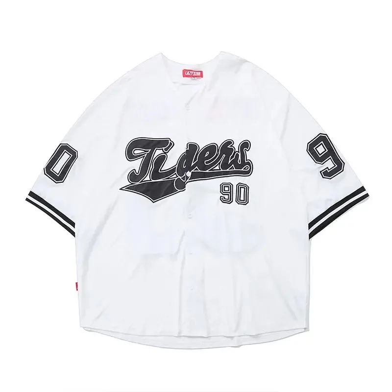

HOUZHOU Baseball Shirt Women and Men Hippe Vintage Oversize Hip Hop Streetwear Korean Style Short Half Sleeve Button Up Blouse