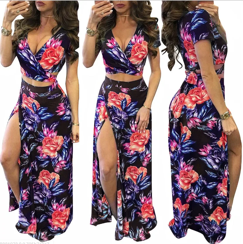 

Women Floral Printed Two Pieces Chic V Neck Dress Summer Boho Beach Party Dress High Slit Elegant Long Vestidos