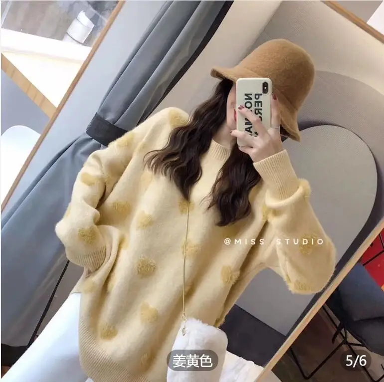 

Sweater Women Love Pullover Women's Loose Outer Wear Lazy Round Neck Long Sleeve Knitted Sweater Mujer Sueter