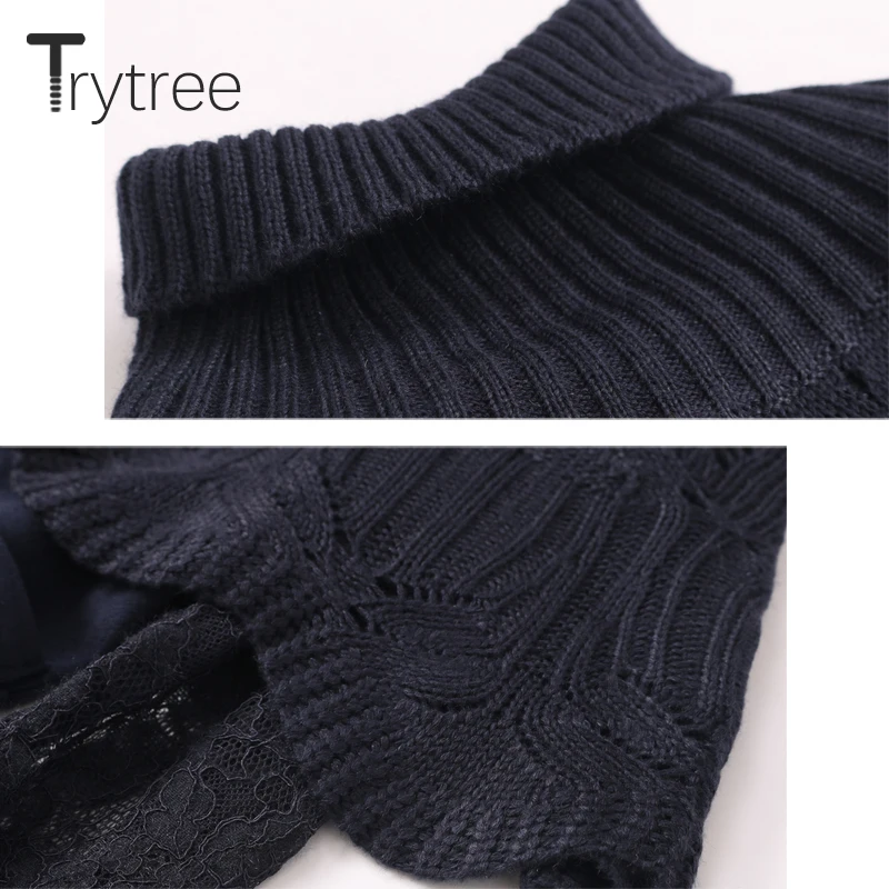 Trytree Осень Зима Женское платье на каждый день шаль с отложным воротом кружевное в