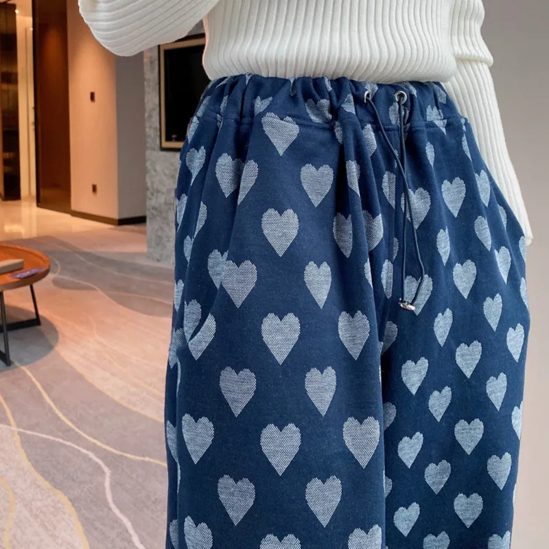 

GVUW High Waist Deep Blue Heart Printing Long Trousers New Loose Fit Pants Women Fashion Tide Spring Autumn 2021 20D715