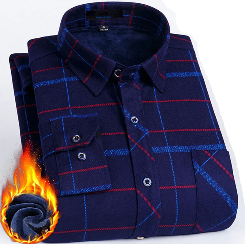 Мужская новая зимняя клетчатая теплая рубашка с длинным рукавом и подкладкой из