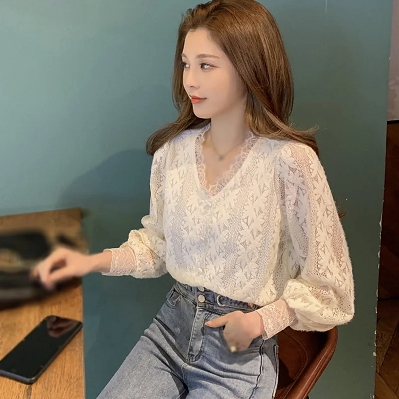 Женское милое кружевное шифоновая блузка в Корейском стиле Модная рубашка с