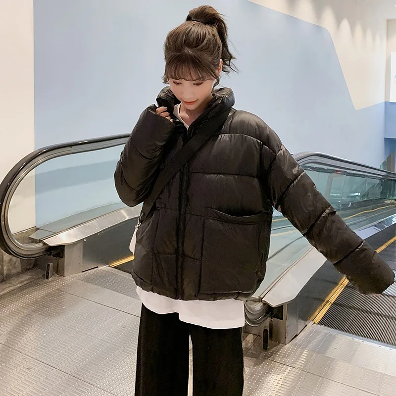 

New Cotton Padded Jackets Winter Thicken Warm Windproof Solid Coat Stand Collar Puffer Jacket Big Pocket Short Woman Parkas