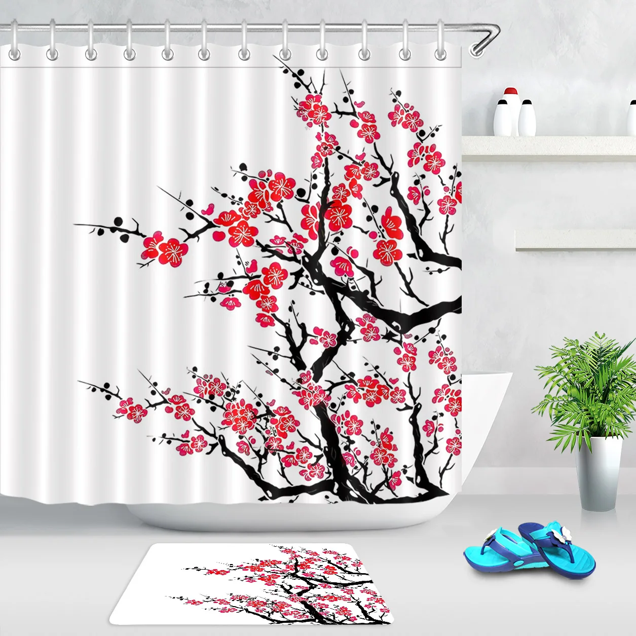 Китайский пейзаж живопись красный цвет сливы ткань занавеска для душа коврик