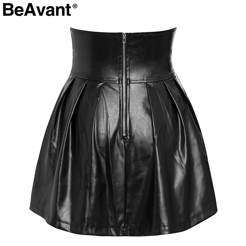 BeAvant/Пикантные мини-юбки из искусственной кожи для женщин, высокая талия, шнуровка, молнии, гофрированная черная юбка, Осень-зима, вечерние юбки трапециевидной формы для клуба