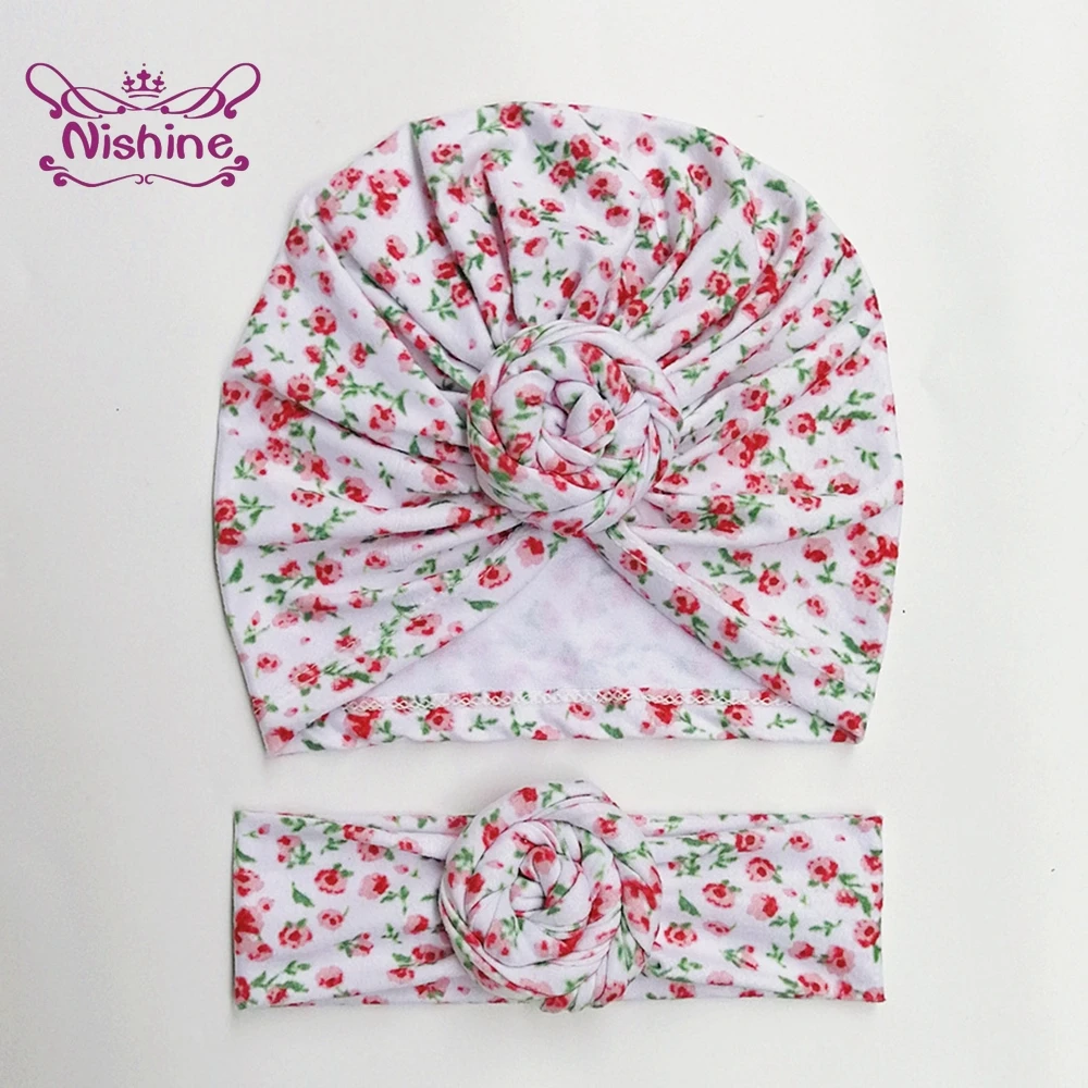 

Nishine Lovely Flowers Pattern Knotted Infant Hat and Hairband Set Fashion Print Baby Girls Turban Caps Kids Hair Accessories